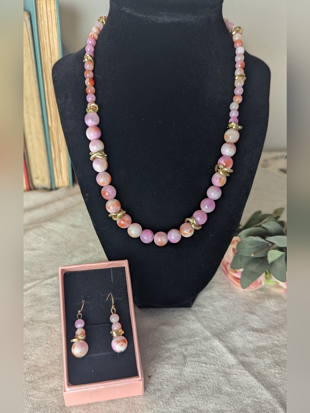 Vintage Pink Marbled Glass Bead Necklace Set Gold Accent Soft Glam Coquette Girl